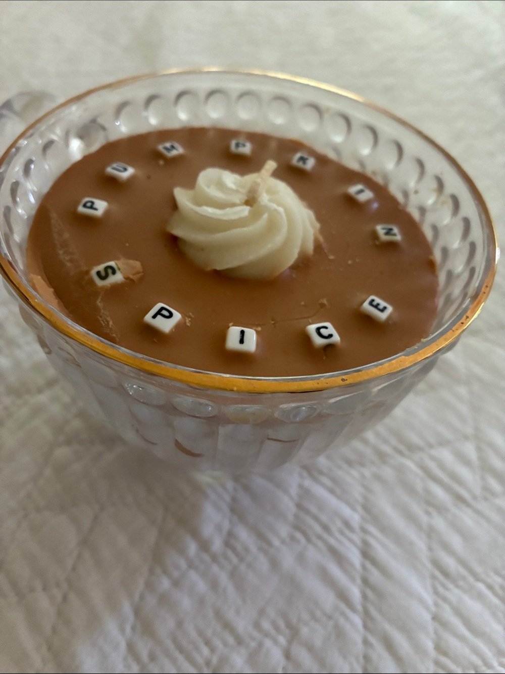 Pumpkin Spice Decorative Candle with Cream Swirl in Glass Coffee Cup